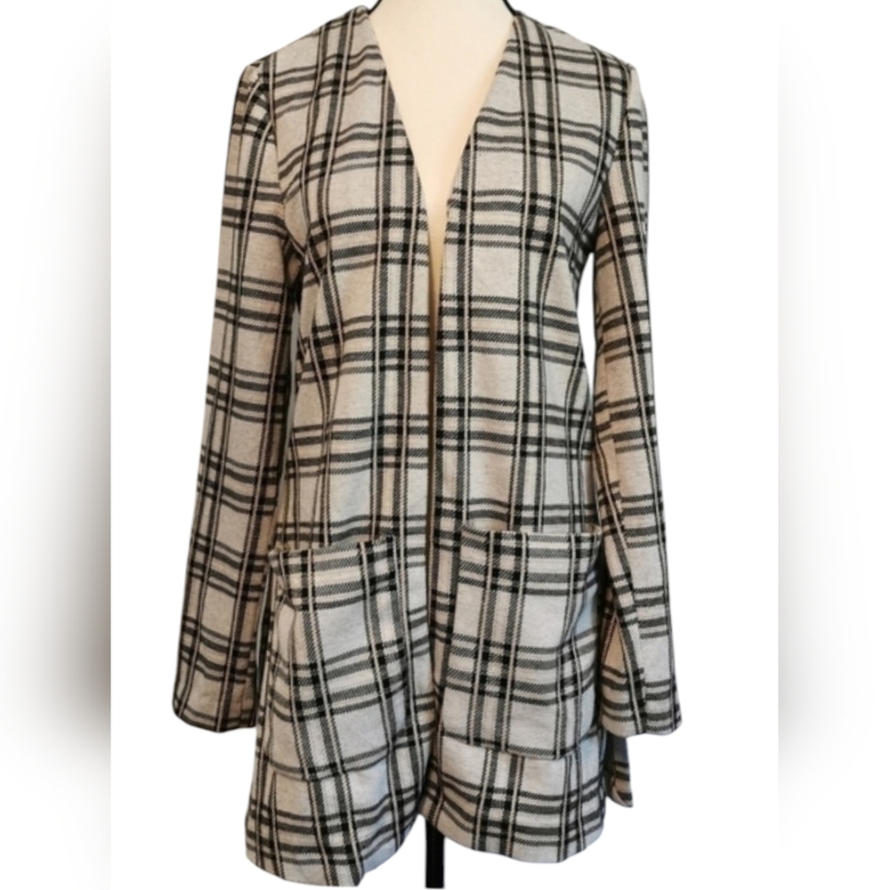 Bagatelle Plaid Open Blazer Neutral Stretch Career Jacket Pockets Size S